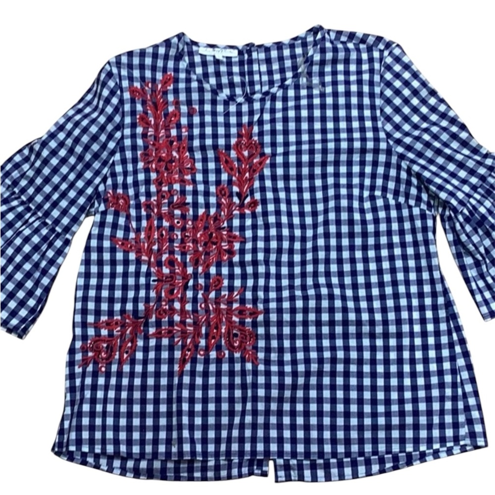 Mac Dougal & Houston Live In Love Blue Gingham Embroidered Bell Sleeve Blouse